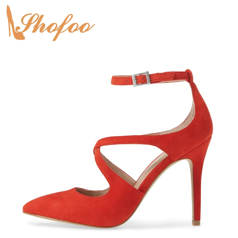 

Red Ankle Strap Cross Tied Pointy Toe Woman's Pumps High Stilettos Thin Heels Buckle Strap Fashion Ladies Shoes Large Size 12 14