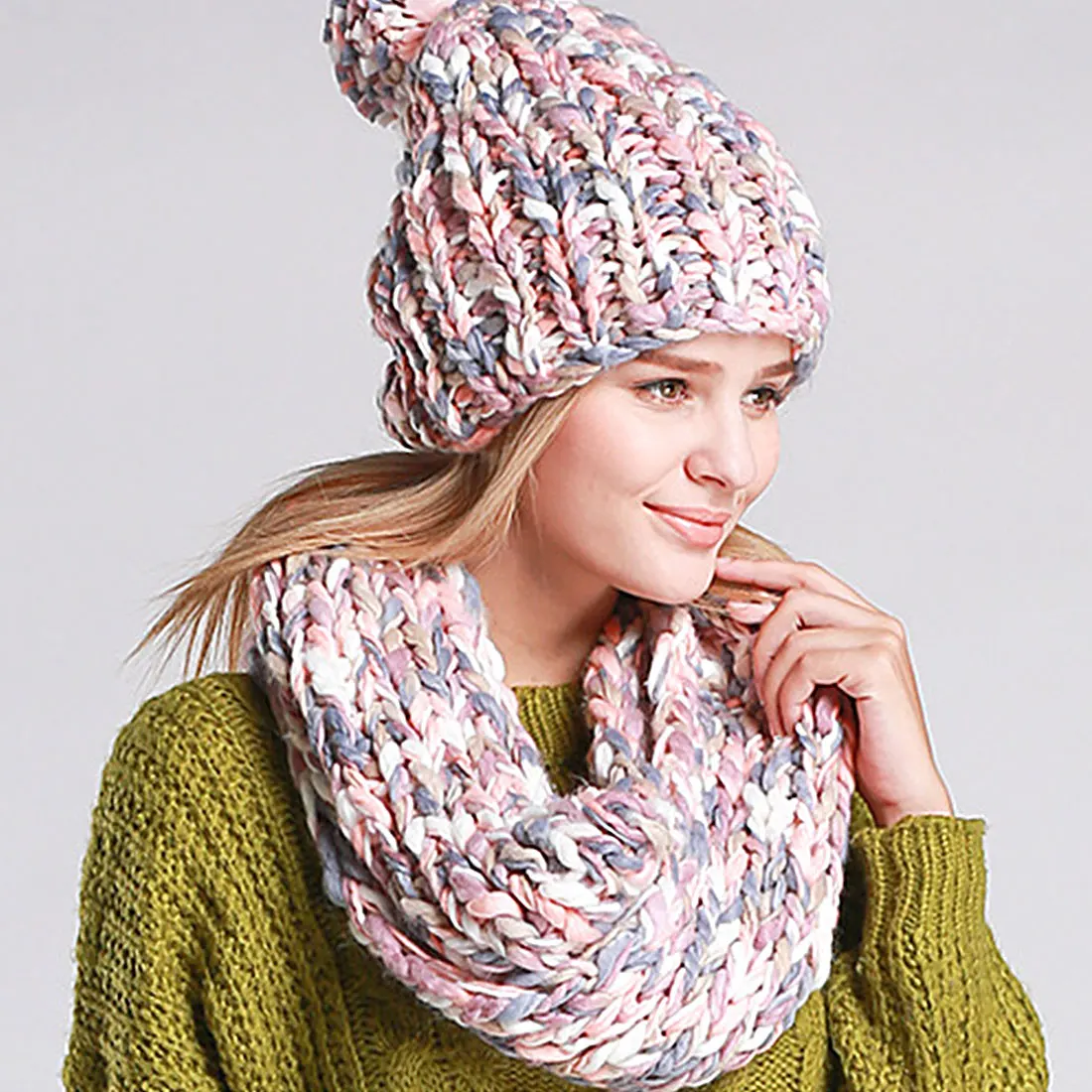 Очаровательные теплые вязаные вещи для зимы, шапка и шарф, набор для женщин, шапки для девочек, толстый женский шарф, набор, женский шарф-снуд