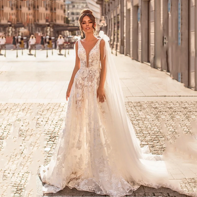 Свадебное платье со смайликом,, кружевное свадебное платье с аппликацией, Vestido De Novia, свадебное платье с v-образным вырезом и бабочкой, Robe De Mariee
