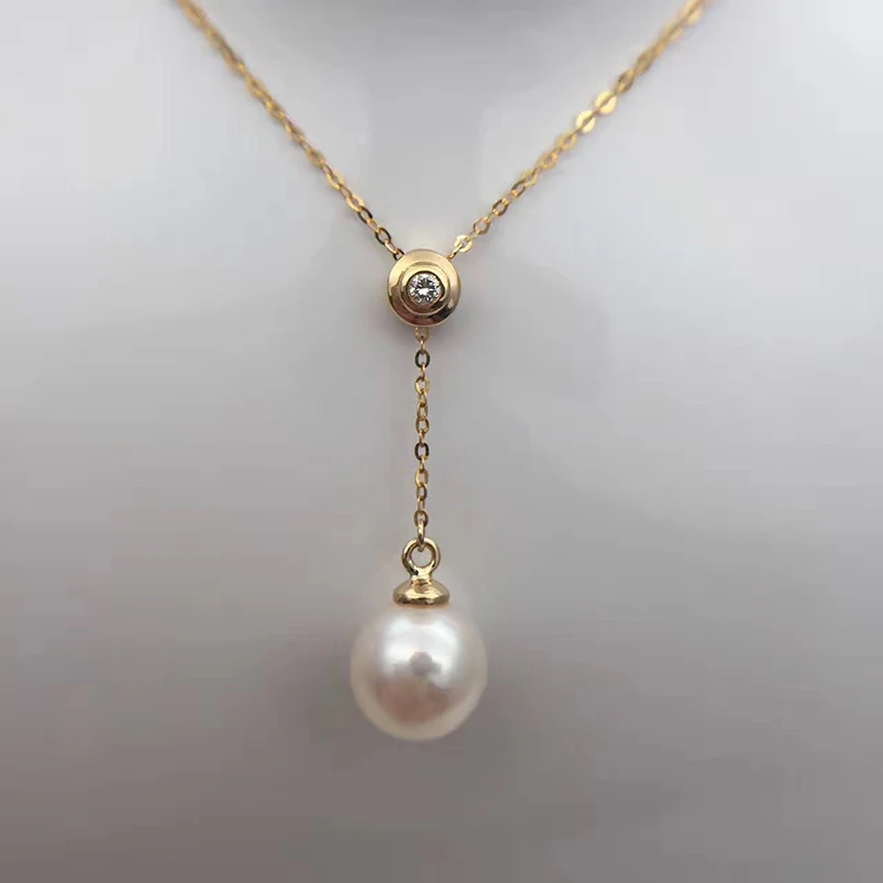 

Sinya 18k Au750 Gold Chain 0.023ct Real Diamond with 9mm Natural Pearls Pendant Y Style Necklace for Women Girls Fine Jewelry