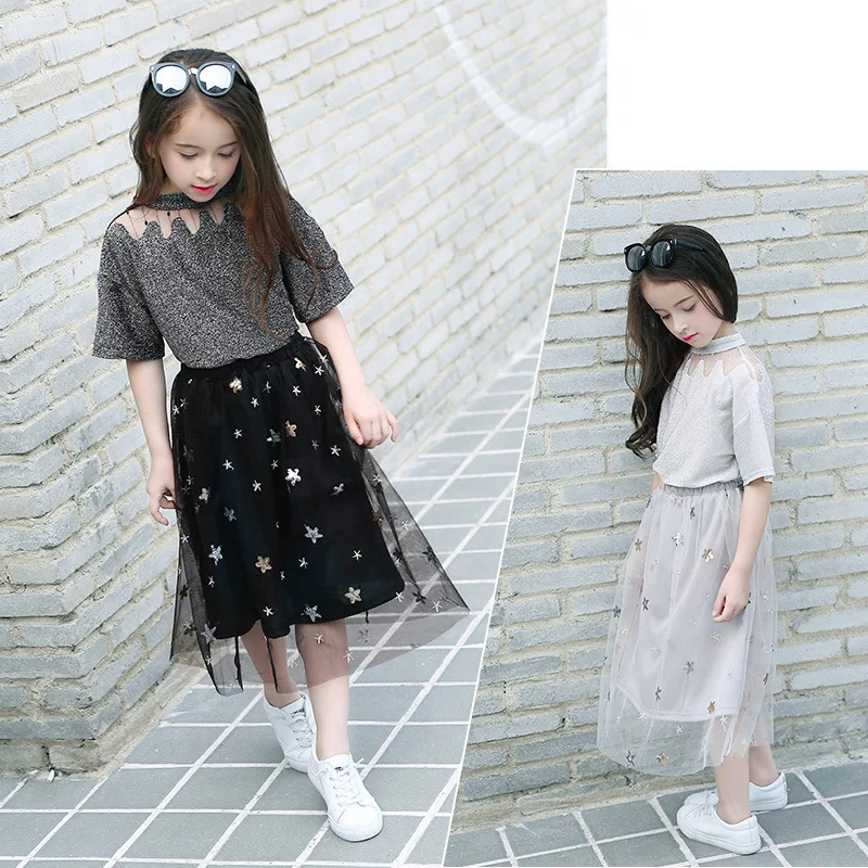 

6 8 10 12 16 Y Girls Clothing Sets Girl Clothes 2pcs Bling T shirt + Sequins Mesh Skirts Stars Kids Spring Dark Grey Costumes