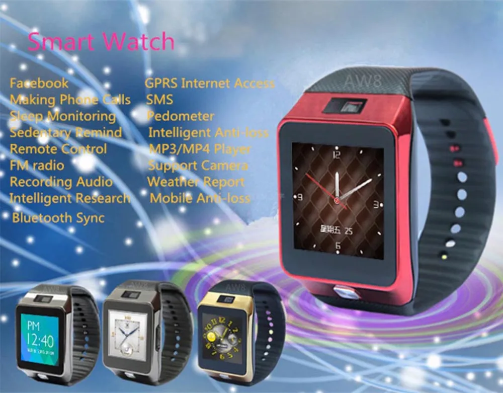 AW8 Smart Watch Support Camera Pedometer FM Radio Recording Audio Bluetooth Sync for for HUAWEI P9 P9 Plus Mate 9 Mate 8 Mate 7