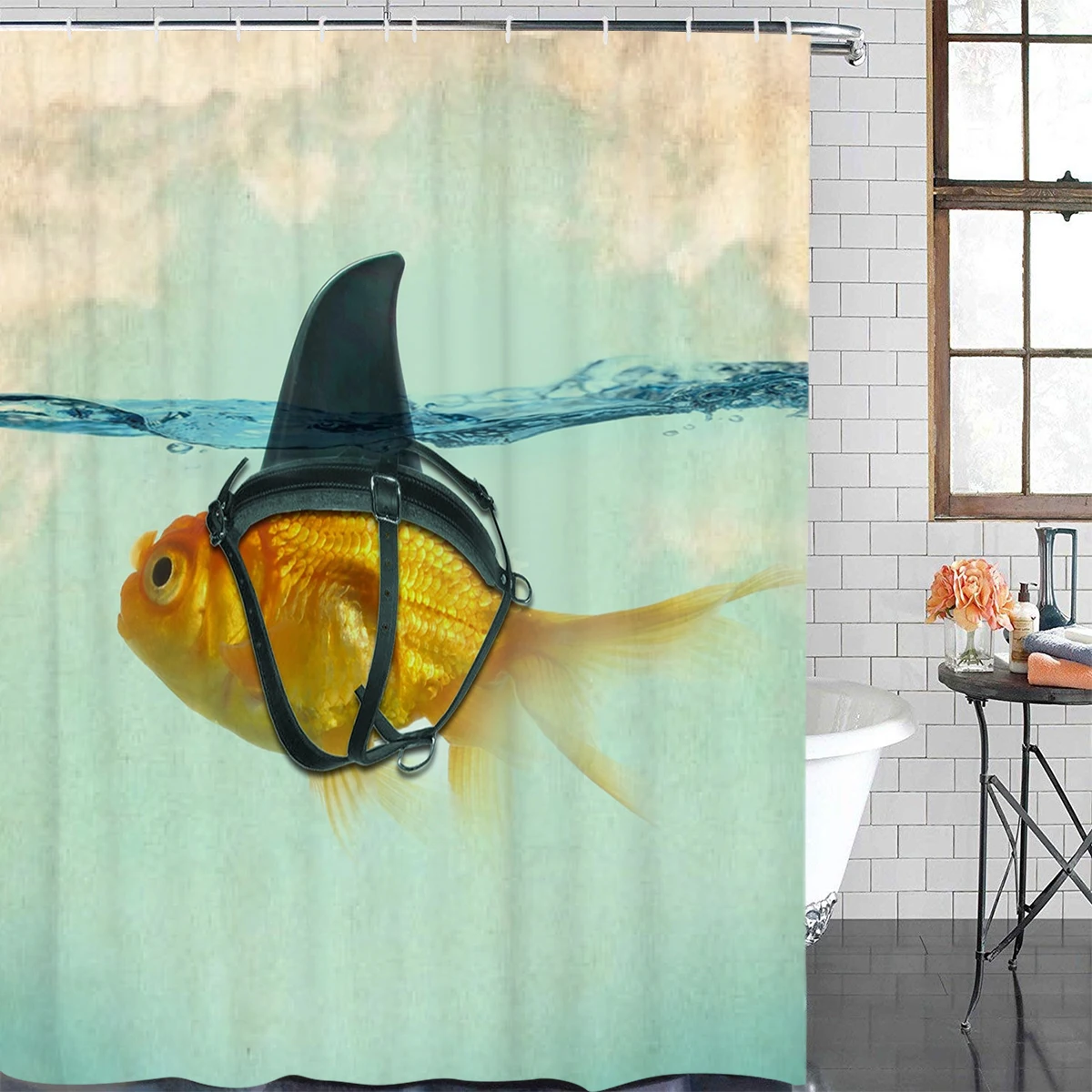 Блестящая Маскировка-Золотая рыбка с плавником акулы удлиненная ткань для ванной занавески для душа декоративный набор для ванной комнаты с крючками