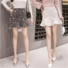 Новинка года; сезон весна-осень; женские мини-юбки трапециевидной формы с высокой талией; шерстяная юбка-брюки с жемчужными пуговицами; HZX01