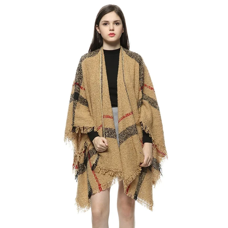 Autumn Winter Woman Classical Poncho Knitted Cape Scarf Irregular font b Tartan b font Cardigans Vintage