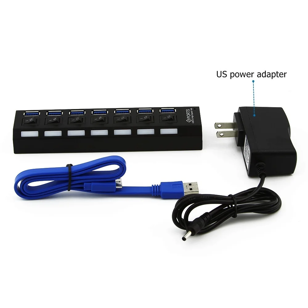 Windyoung USB Hub 3,0 высокое Скорость 7 Порты и разъёмы USB 3,0 концентратор с EUPower адаптер многопортовый usb-адаптер ВКЛ/ВЫКЛ для ноутбука MacBook - Цвет: Black with US Power