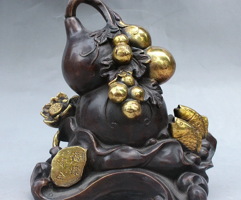 

8" China Royal FengShui Bronze Gilt Auspicious Wealth Lotus Fish Fu Gourd Statue