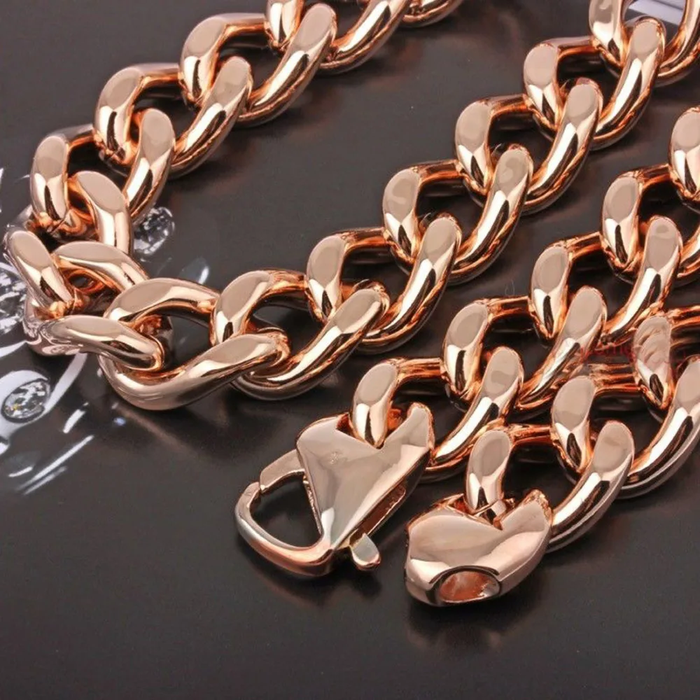 15mm Rose Gold Color Stainless Steel Curb Chain Necklace Mens Hip Hop