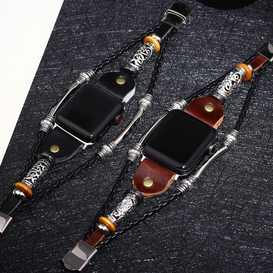 

PU Leather Watch Band for Apple Watch Series 4/3/2/1 Replacement Bead Braided Bracelet Strap for iWatch Strap 38mm 40mm 42m 44mm