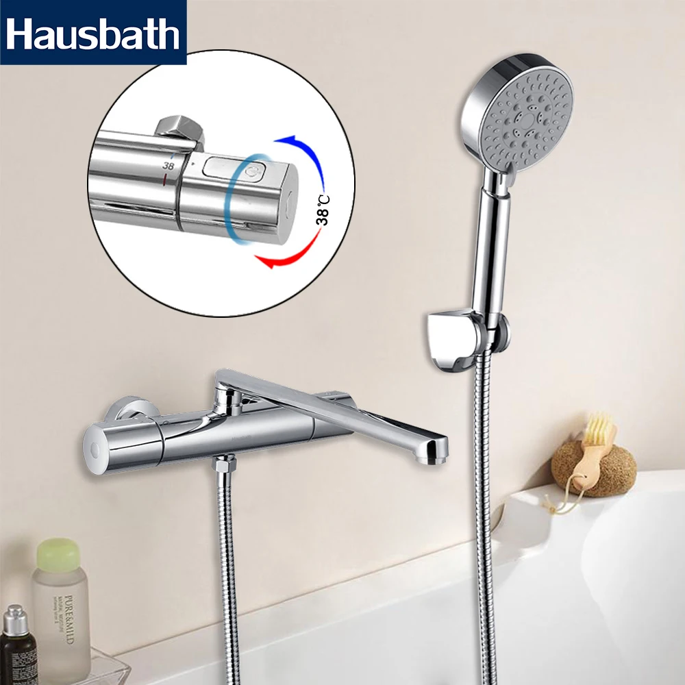 

Thermostatic Shower Mixer Tap Faucet Temperature Control Bathroom Bath Long Trunk Chrome Wall Mounted With Shower Head