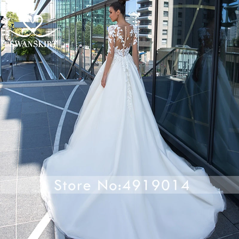 Swanskirt Элегантное свадебное платье с длинным рукавом и аппликацией роскошное ТРАПЕЦИЕВИДНОЕ платье для невесты принцессы Vestido de Noiva F118