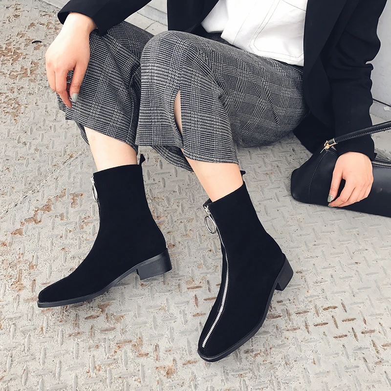 QUTAA/ ботильоны из коровьей кожи с квадратным носком в стиле ретро; удобная модная женская обувь на квадратном каблуке с молнией спереди; сезон осень-зима; Size34-39