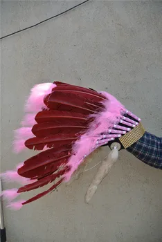 

Burgundy feather Headdress 21inch full high headpiece costume with gold headband