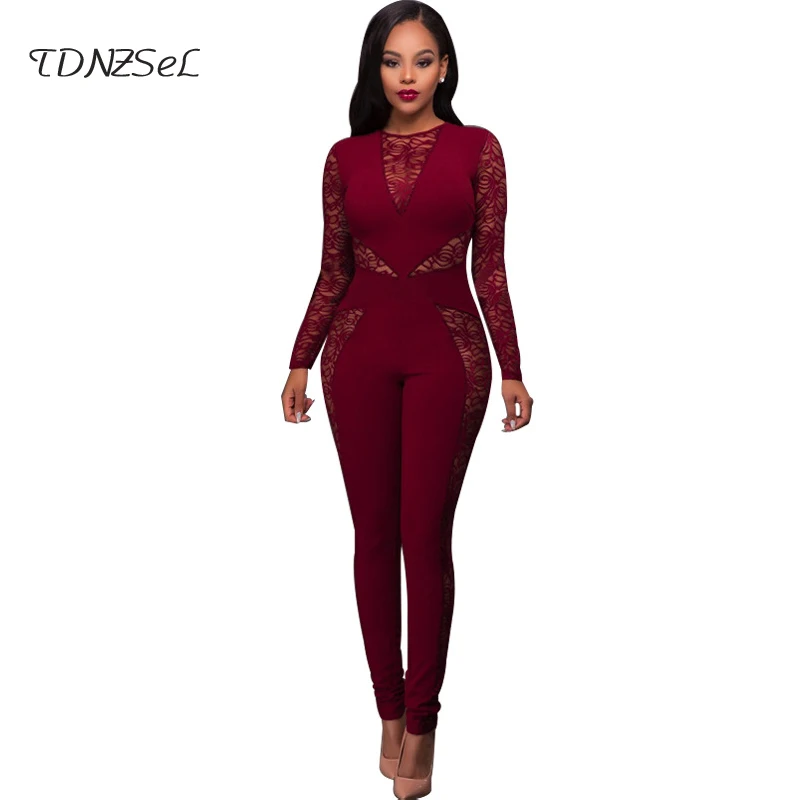 Sexy Long Sleeve Lace Hollow Out Patchwork Jumpsuit Women Black Red Blue High Waist Zipper Backless Skinny Bodysuit Nightclub