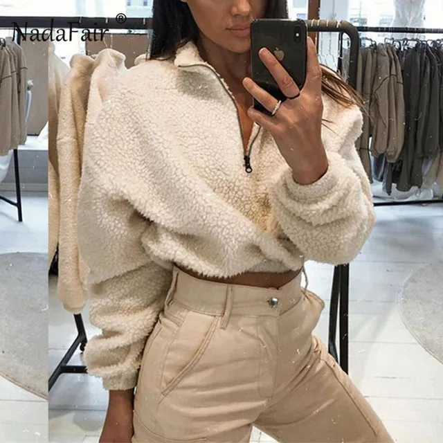 US $12.32 Nadafair Long Sleeve White Cropped Hoodie Women Autumn Winter Pullover Short Sweatshirt Plush Zippe