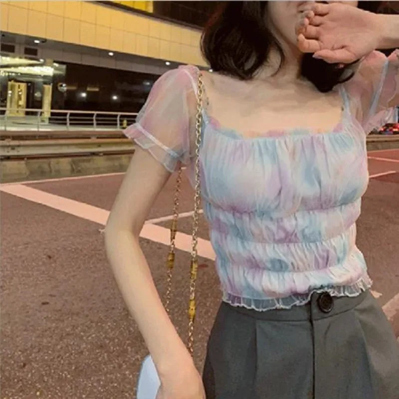 

Vintage Square Collar Short Sleeve Gauze Woman T-shirt Summer Fashion Sweet Colorful Short Tops