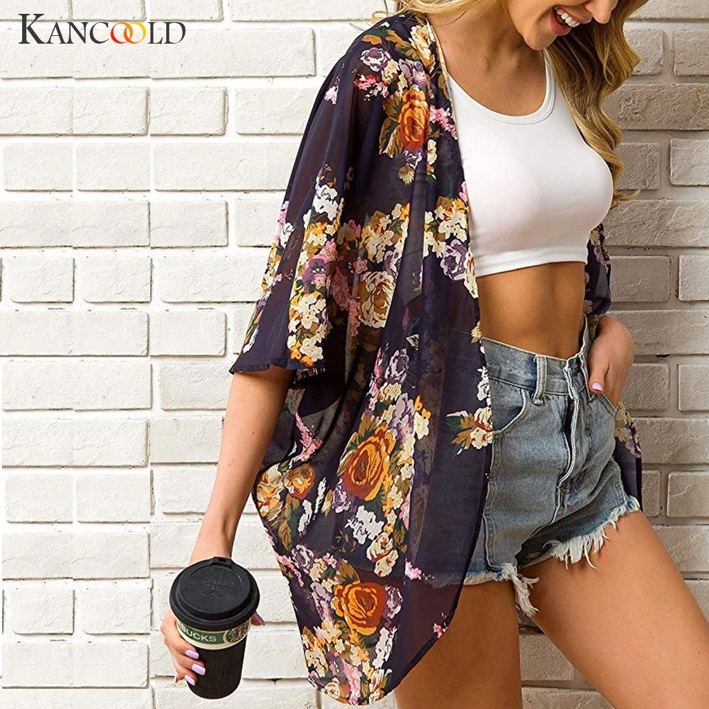 

KANCOOLD coats Women Printed Half Sleeve Large Size Cardigan Chiffon Beach fashion new woman coats and jackets 2019JUL2