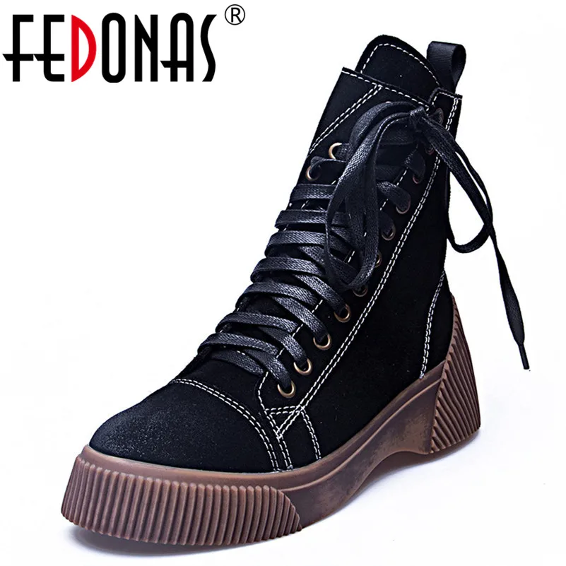 

FEDONAS Top Quality Women Autumn Winter Ankle Boots Wedges Heels Lace Up Short Ladies Shoes Woman Cow Suede Motorcycle Boots