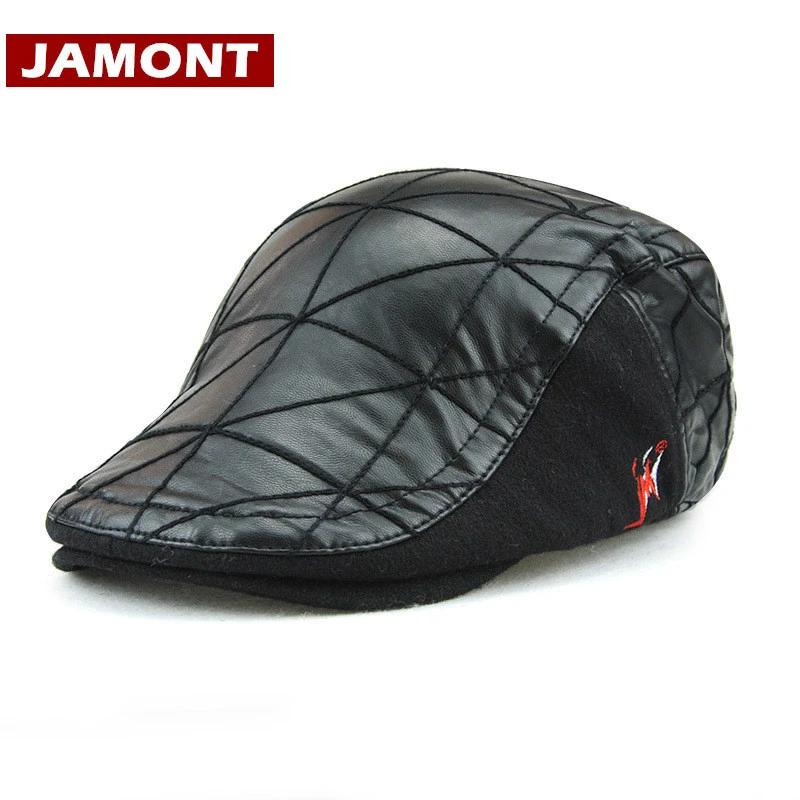 JAMONT] gorra de boinas visores cuero PU sombreros de hombre Gorras cálidas de hueso al aire libre sombrero plano casqueta Gorras|winter winterberet cap men -