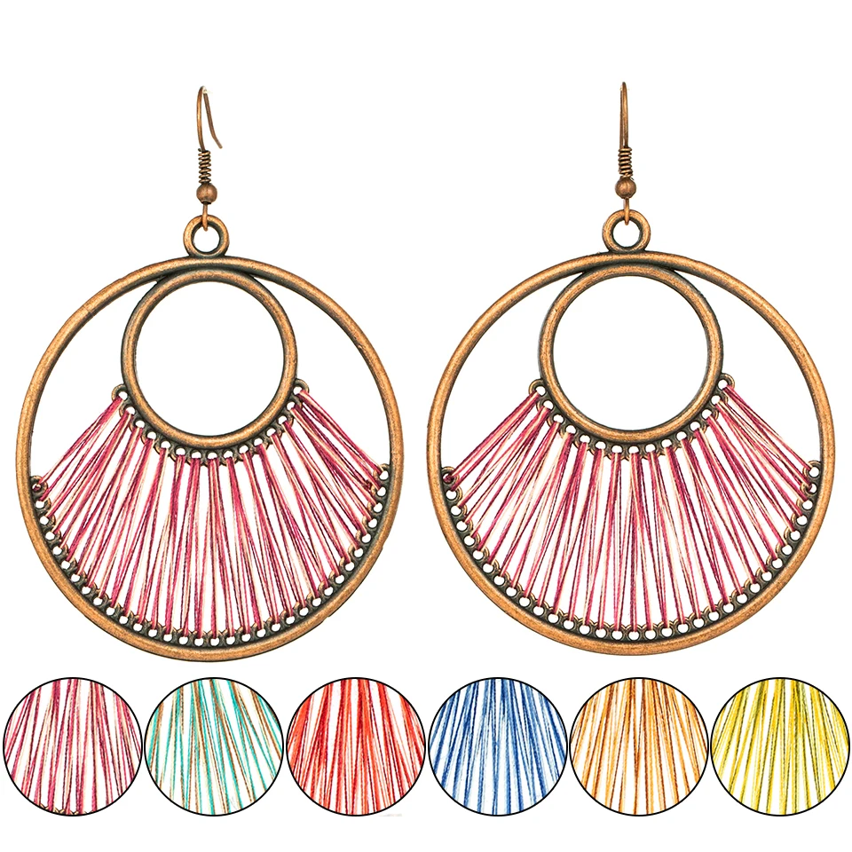 

Vintage Round Metal Big Pendant Earrings Female Ethnic Circle Handmade Colorful Silk Dangle Ear ring 2019 Fashion Women Jewelry