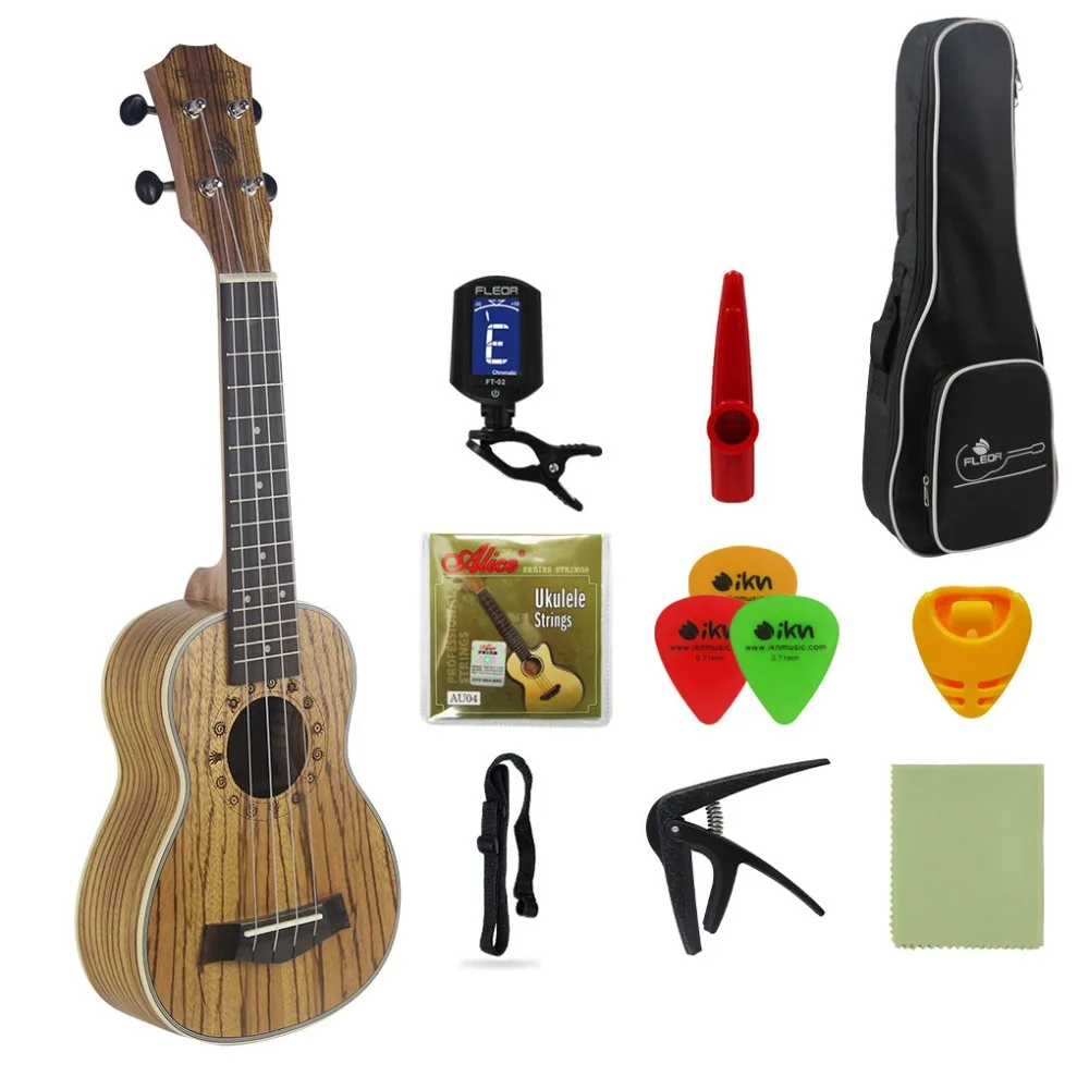 FLEOR Zebrawood 21" Soprano Ukulele Uke Hawaii Guitar Guitarra Musical Instrument with Parts Kit