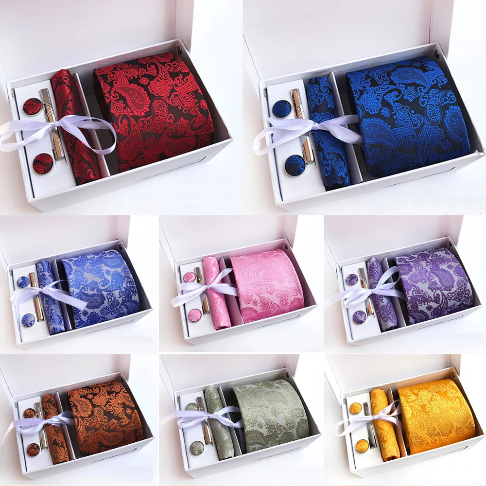 

Mens Wide Necktie Floral Paisley Pocket Square Tie Clip Cufflinks Set With Box