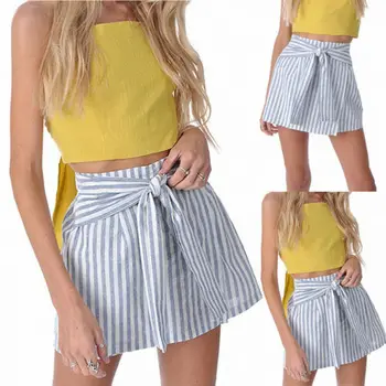 

2019 New Hot Summer Fashion Latest Women's Skater Skirt High Waist Strappy Striped Pleated Flared A Line Circle Elastic Stretch