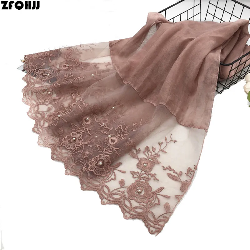 

ZFQHJJ High Quality Elegant Women Cotton Scarf Double Side Embroidery Floral Lace Silk Scarf Wedding Party Muslim Hijabs Scarves
