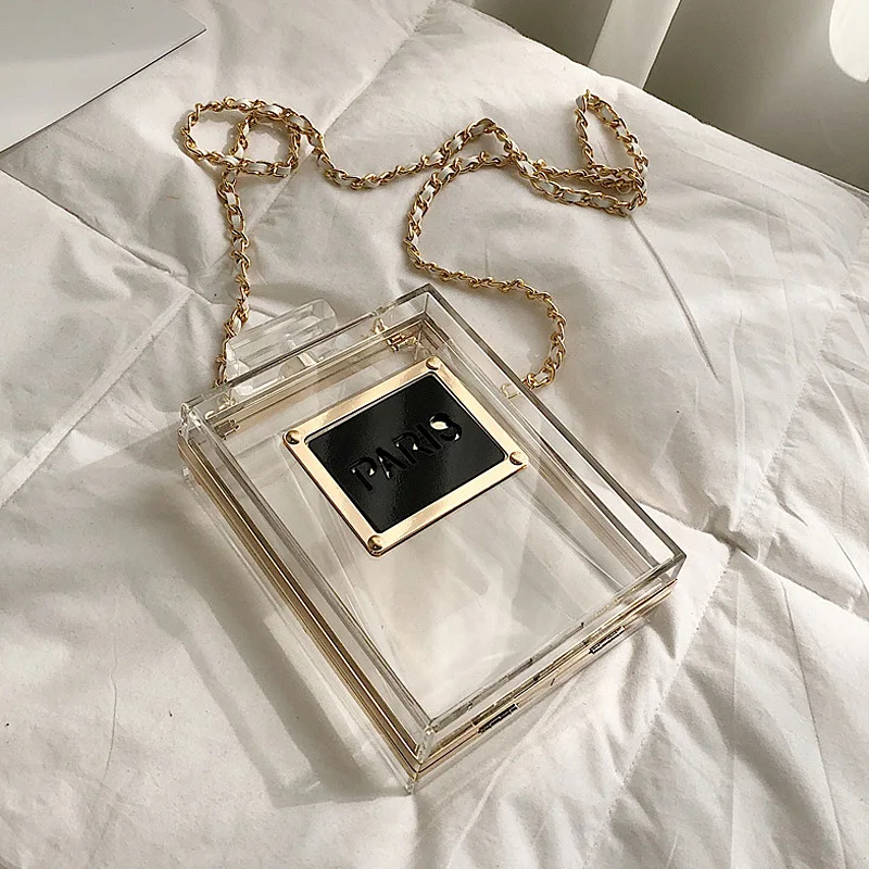 

Hot personalized transparent perfume bottle box, western style acrylic chain satchel.