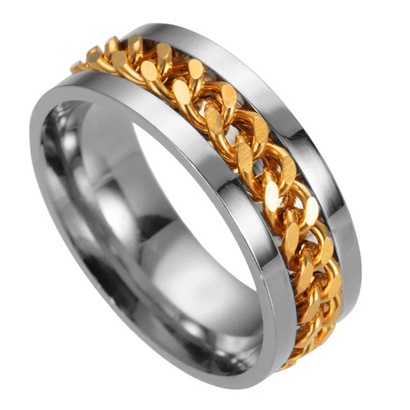 ELSEMODE, панк-рок, мужское кольцо-Спиннер, титановая нержавеющая сталь, Золотая черная цепочка, Ротационные кольца для женщин, аксессуары, размер 6-12 - Цвет основного камня: Gold