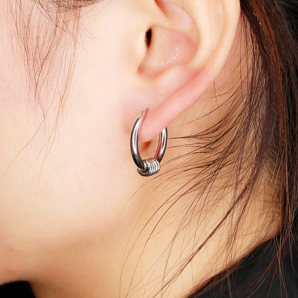 

MagiDeal 2Pcs Silver Stainless Steel Circle Huggie Hinged Hoop Stud Earrings