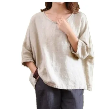 

2019 Summer New Loose Cotton Temperament Large Size Women Shirt Linen Top