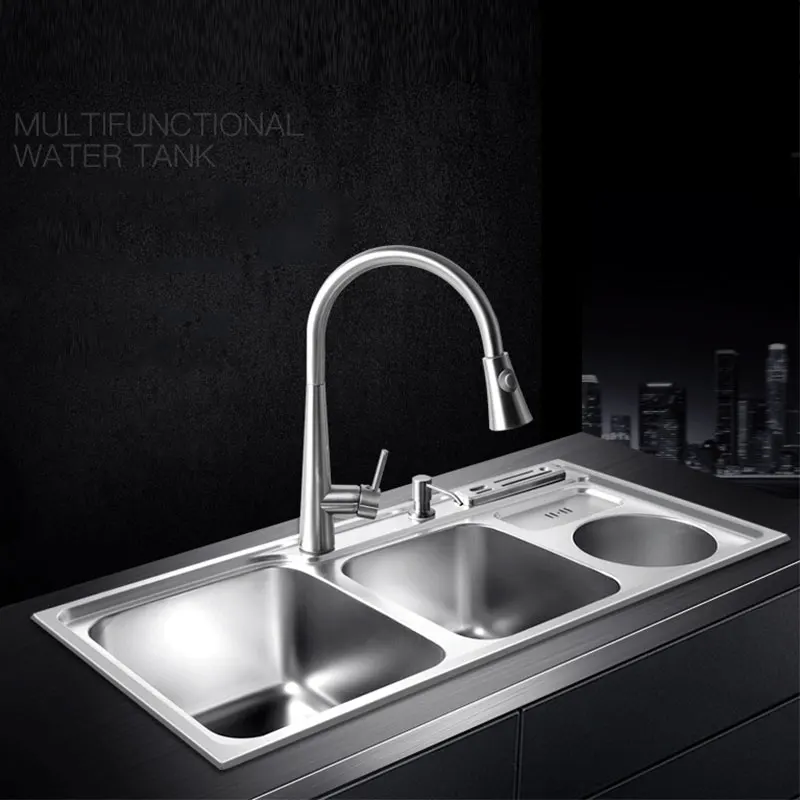 Multifunctional Kitchen Sink Stainless Steel Brushed Double Bowl