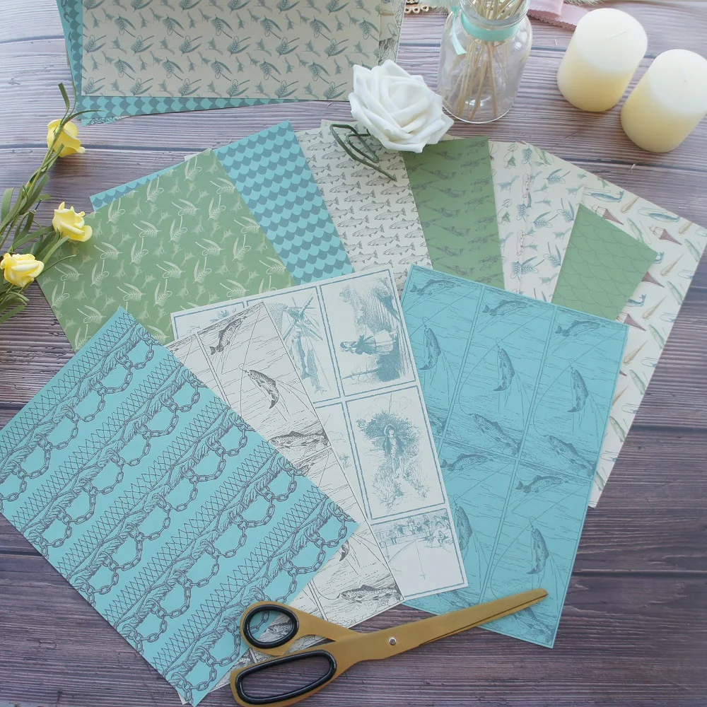 

24 sheets A5 size DIY go fishing green design gift wrapping paper creative paper craft handmade scrapbooking paper kit set