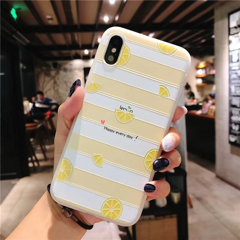 Moskado Relief Case For iPhone 6 6s 7 8 Plus X Fashion Cute Cartoon Summer Fruit Lemon Painted Soft TPU Phone |