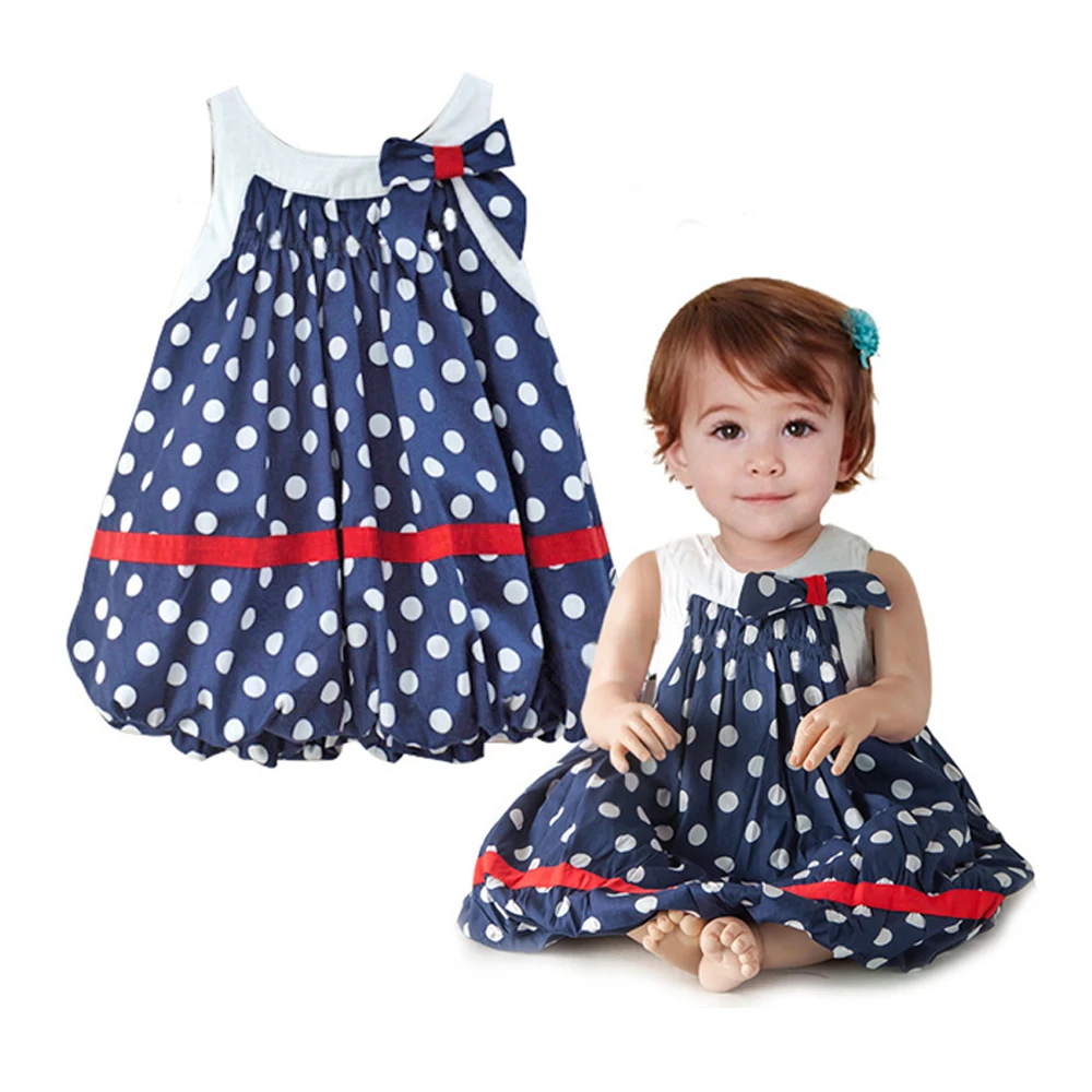 New Summer baby Navy blue and white dots cute baby dress/bowknot sleeveless baby girl clothing