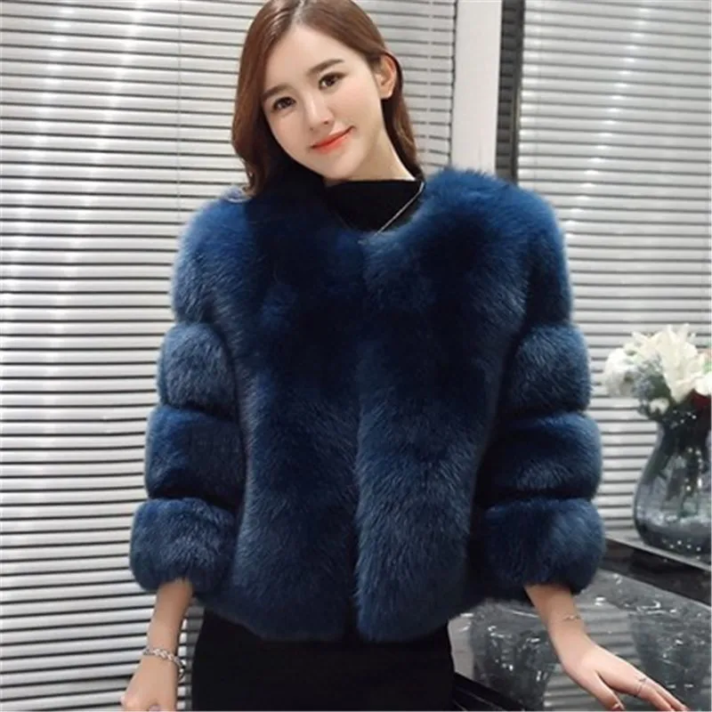 Новинка, имитация лисьего меха, искусственный мех, зимнее женское пальто, большой размер, Корейская версия, короткая женская шуба - Цвет: Dark blue