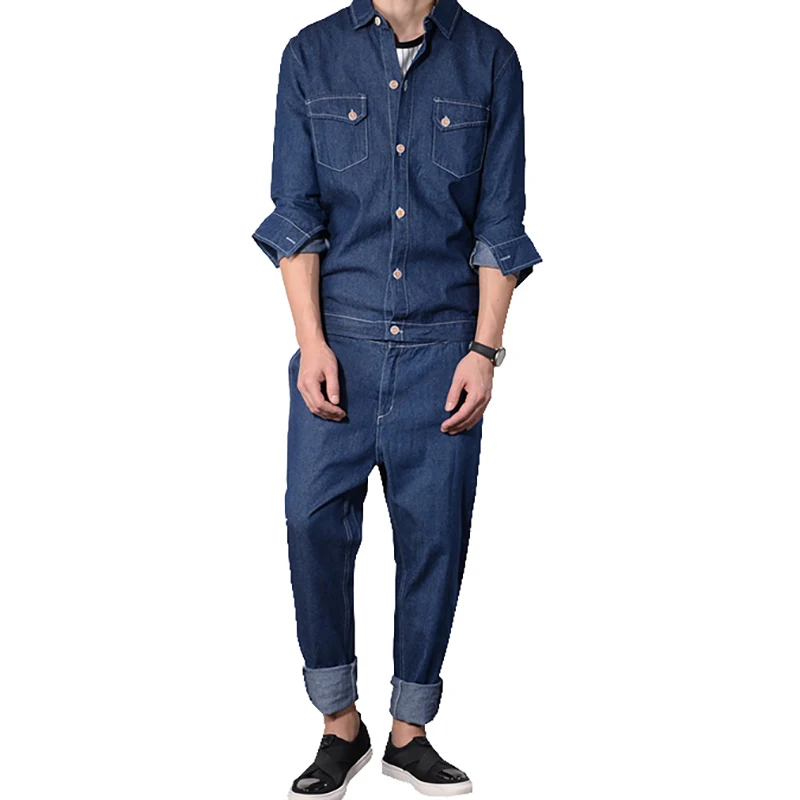 Sokotoo Мужская мода череп шаблон печати съемный комбинезон черный синий полный рукав джинсовые комбинезоны джинсы комплект