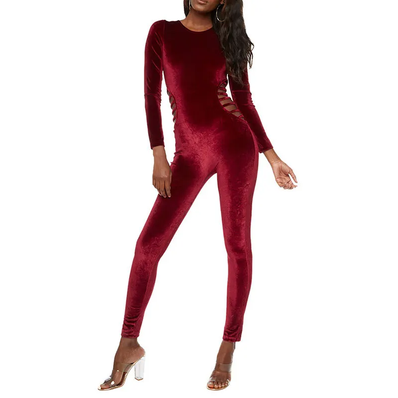 Velvet Women Jumpsuit Elegant Winter Party Cut Hollow Out Playsuits Crew Neck Long Sleeve Bodycon Overalls Feminino Body