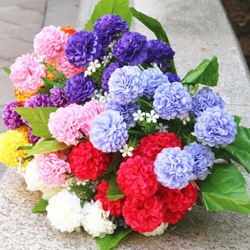 

New Plastic Wire Fragrant Chrysanthemums Multi-Colored Beautiful Home Decoration 8 Hydrangea Artificial Fake Flowers Round Shape