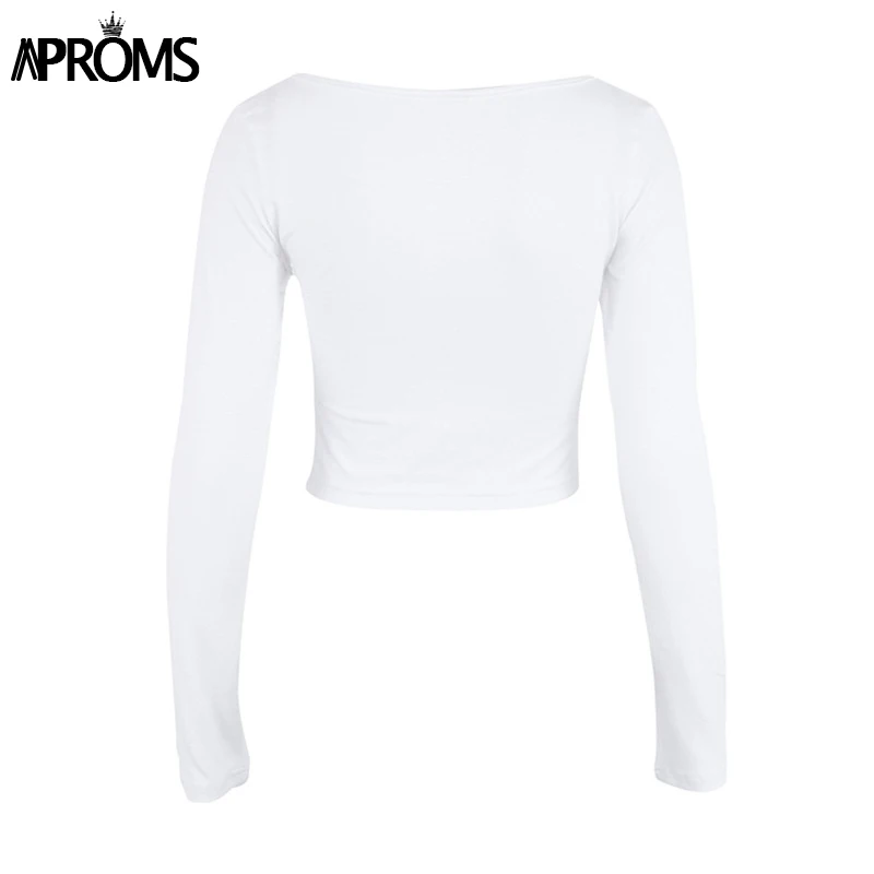Aproms, сексуальная белая футболка с длинным рукавом и рюшами, женский топ с v-образным вырезом, тянущийся базовый укороченный топ, 90 s, для девочек, тонкая укороченная футболка, женские футболки, топы