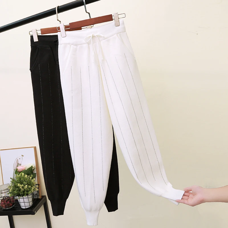 Womens rhinestone rabbit wool Harem Pants Elastic Waist Pocket casual jogger knitted drawstring waist Track | Женская одежда