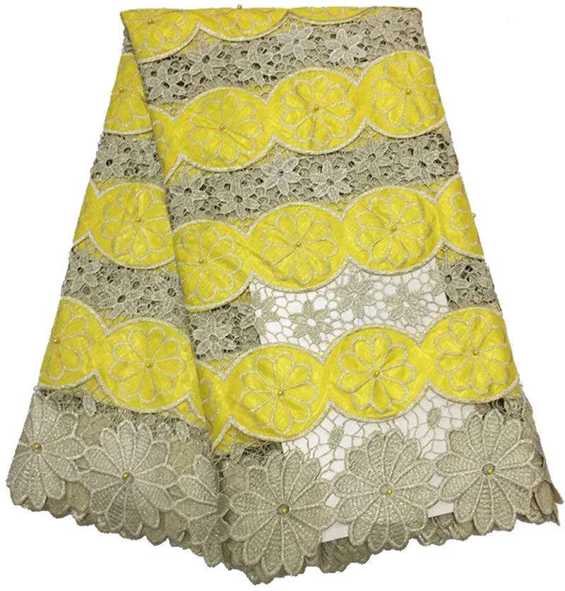 

Free shipping (5yards/pc) Beautiful yellow African bazin lace fabric 2018 new African water soluble lace for party dress BLS17