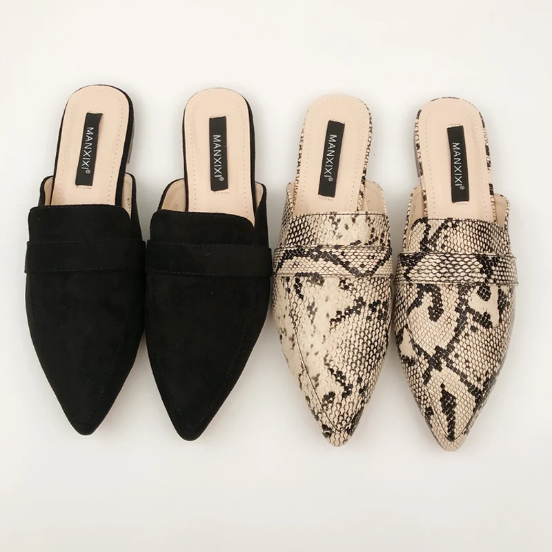 

Woman Snake Print Mules Low Heels Slides Sexy Pointed Toe Sandals Loafers Casual Shoes Ladies 2019 Summer Zapatos Mujer Black