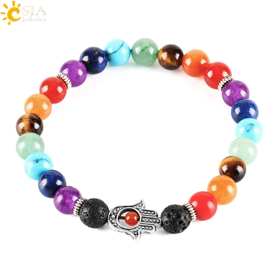 

CSJA 8mm Natural Black Lava Round Stone Hamsa Hand Bracelets 7 Chakra Reiki Healing Balance Prayer Beads Yoga Women Jewelry E277