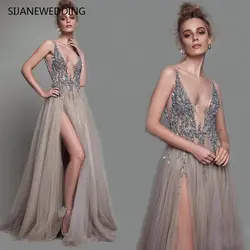 SIJANE специально Vestido longo вечернее платье, для банкета платья простые элегантные глубокий v-образный вырез винтажное вечерние платье 0777