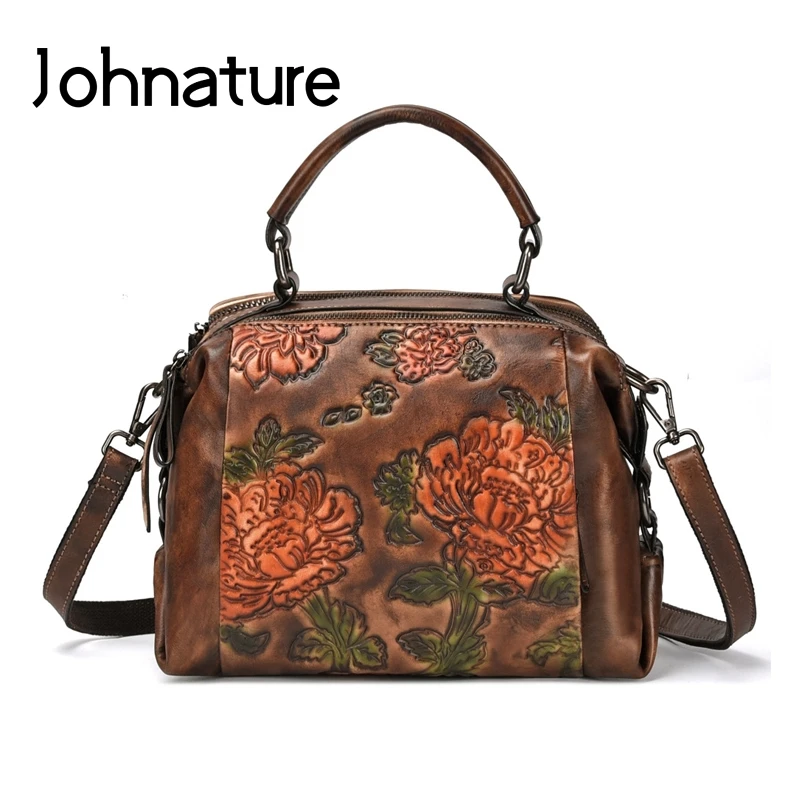 

Johnature 2020 New Genuine Leather Retro Floral Women Handbag Large Capacity Fashion Leisure Cowhide Shoulder&Crossbody Bags