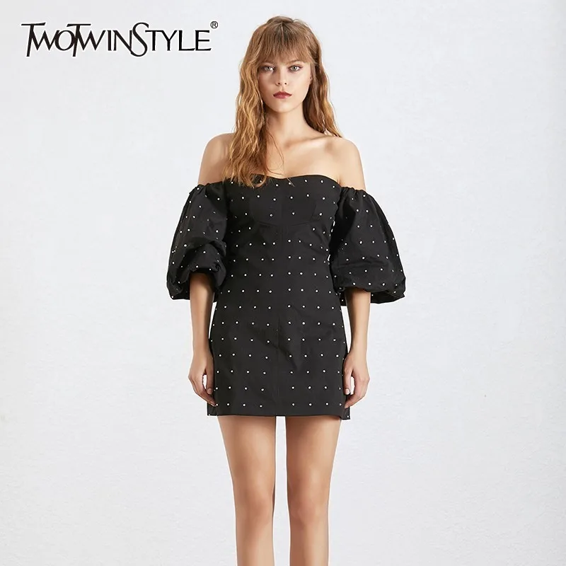 

TWOTWINSTYLE Diamonds Patchwork Women's Dress Slash Neck Off Shoulder Lantern Sleeve High Waist Mini Party Dresses Female 2019