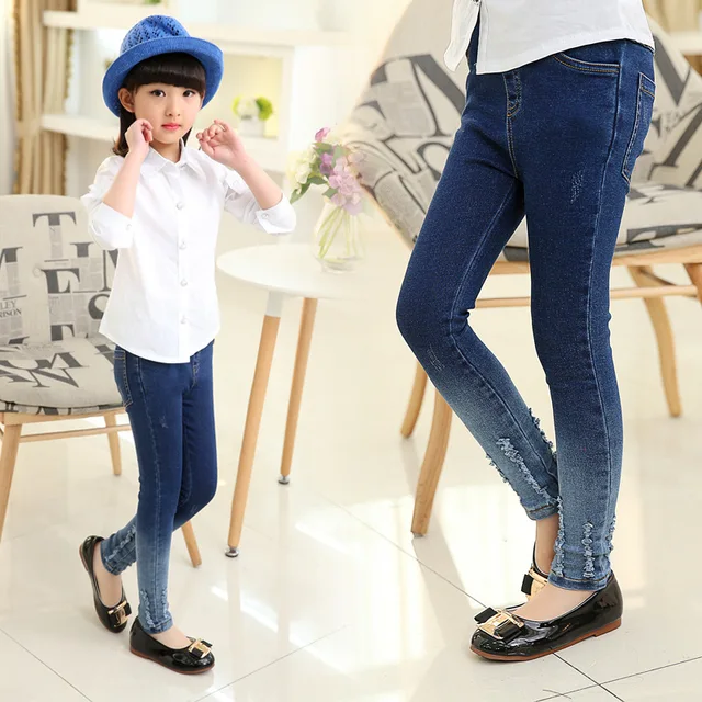 2018 Baby Girls Spring Jeans Pant Size 3 4 5 6 7 8 9 10 11 12 Years Kids Blue Elastic Waist Casual Jeans for Girls Pants 5M09