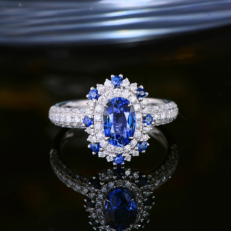 CaiMao 1.57ct Natural Sapphire Ring with Halo Diamonds 18kt White Gold Engagement Wedding Jewelry